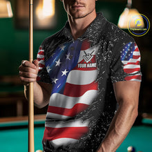 Load image into Gallery viewer, Man wearing a black grunge American flag 8 ball custom billiard jersey front view, personalized pool team shirt.