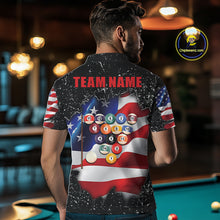 Load image into Gallery viewer, Back view of man wearing a black grunge American flag 8 ball billiard team jersey, custom pool tournament shirt.