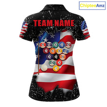 Load image into Gallery viewer, Black grunge American flag 8 ball pool team polo shirt with custom billiard graphics, personalized billiard team jersey.