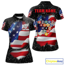 Load image into Gallery viewer, Black grunge American flag 8 ball custom billiard polo shirt for women, personalized pool team jersey for tournaments.