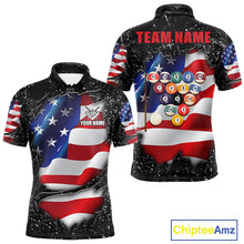 Load image into Gallery viewer, Black grunge American flag 8 ball custom billiard polo shirt for men, personalized pool team jersey for tournaments.