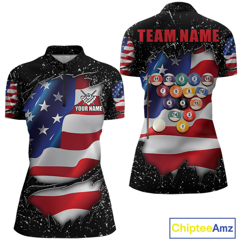 Black grunge American flag 8 ball quarter zip billiard shirt for women, custom pool team jersey and tournament apparel.