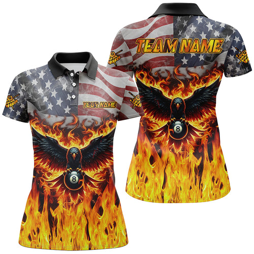 Personalized Flame American Flag Custom Eagle Billiard Shirts For Women, Patriotic Billiard Jerseys TDM2096