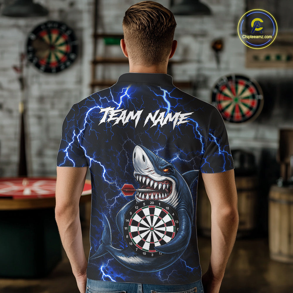 Man Wearing Personalized Blue Thunder Lightning Shark Custom Darts League Team Jersey Featuring the Complete Rear Graphic Design, Back View