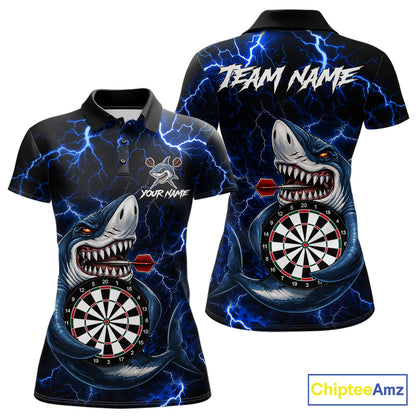 Custom Blue Thunder Lightning Shark Darts Polo Shirt Designed for Personalized Darts League Team Jerseys with Dynamic Artwork, Athletic Performance, and Professional Style