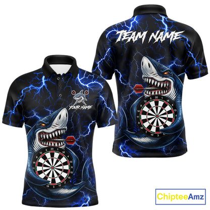 Custom Blue Thunder Lightning Shark Darts Polo Shirt Designed for Personalized Darts League Team Jerseys with Dynamic Artwork, Athletic Performance, and Professional Style
