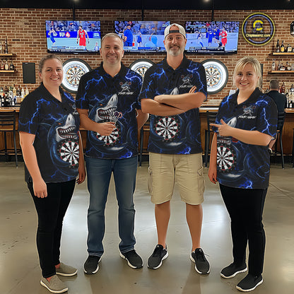 Dart Team Wearing Personalized Blue Thunder Lightning Shark Darts Jerseys During League Competition and Tournament Matches, Front View
