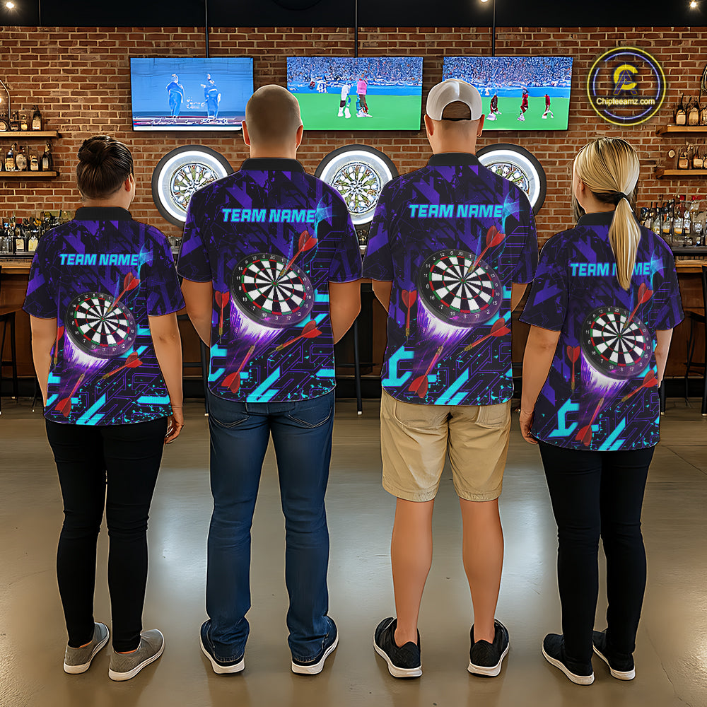 Dart Team Wearing Personalized Glowing Purple Blue Abstract Custom Darts Team Jerseys Featuring the Complete Back Artwork, Back View