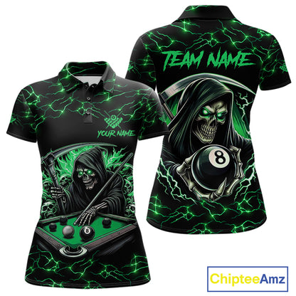 Green Funny Grim Reaper 8 Ball Pool Women Billiard Shirts Custom Name Lightning Billiard Jerseys TDM2827