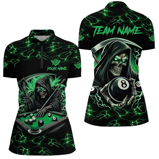 Green Funny Grim Reaper 8 Ball Pool Women Billiard Shirts Custom Name Lightning Billiard Jerseys TDM2827