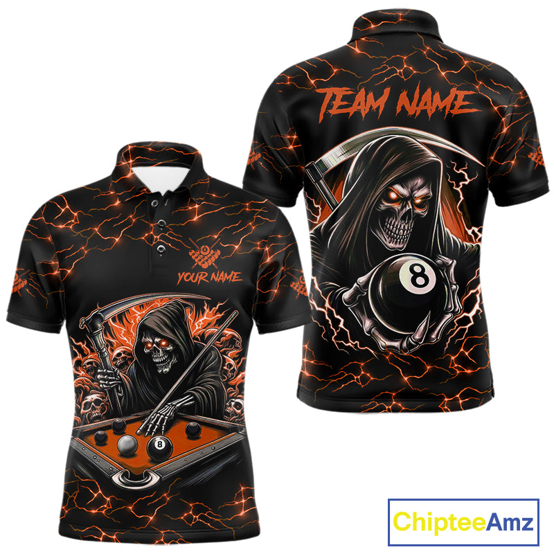 Orange Funny Grim Reaper 8 Ball Pool Men Billiard Shirts Custom Name Lightning Billiard Jerseys TDM2828
