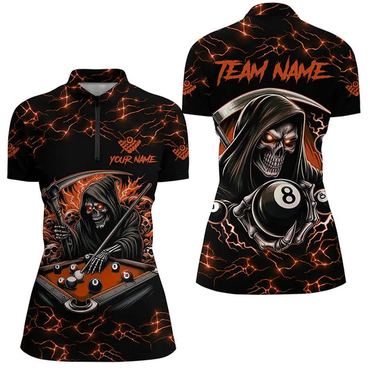Orange Funny Grim Reaper 8 Ball Pool Women Billiard Shirts Custom Name Lightning Billiard Jerseys TDM2828