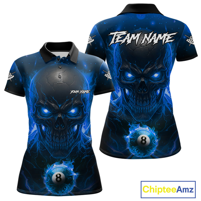 Personalized Blue Billiard Skull Fire 8 Ball Pool Shirt For Women Custom Billiard Team Jersey TDM5079