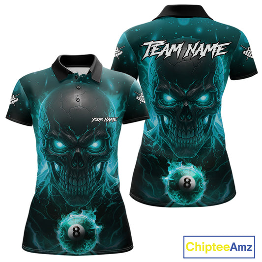 Personalized Turquoise Billiard Skull Fire 8 Ball Pool Shirt For Women Custom Billiard Team Jersey TDM5080