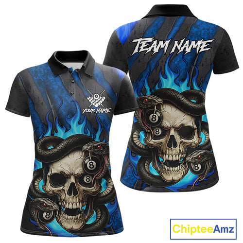 Personalized Skull And Snakes Flame Billiard Shirt For Women Custom 8 Ball Pool Team Jersey |Blue TDM5085