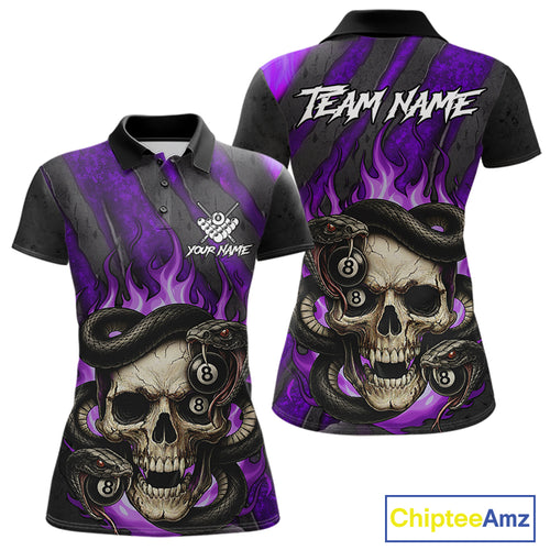 Personalized Skull And Snakes Flame Billiard Shirt For Women Custom 8 Ball Pool Team Jersey |Purple TDM5086