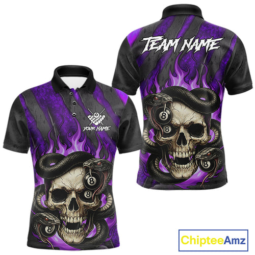 Personalized Skull And Snakes Flame Billiard Shirt For Men Custom 8 Ball Pool Team Jersey |Purple TDM5086