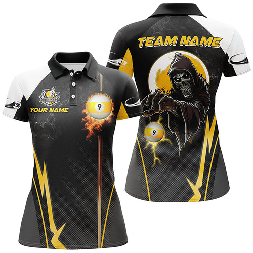 Funny Death Skeleton Billiard Ball 9 Fire Custom Women Polo Shirts, Best 9 Ball Pool Jerseys TDM1314