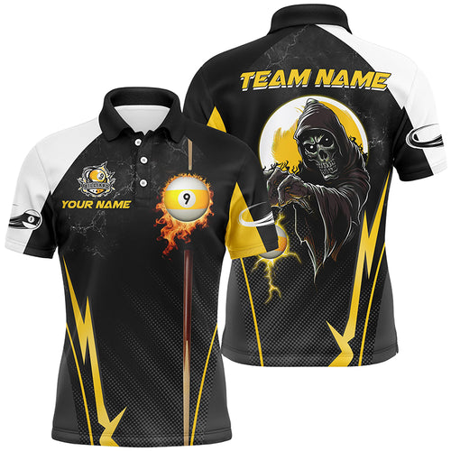 Funny Death Skeleton Billiard Ball 9 Fire Custom Men Polo Shirts, Best 9 Ball Pool Jerseys TDM1314