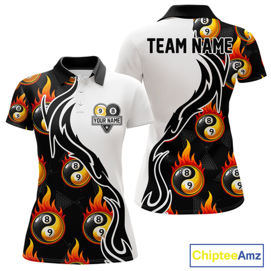 Custom Flame 8 Ball 9 Ball Billiard Shirt For Women, Billiard Pool Team Jersey Polo & 1/4 Zip Shirt TDM6175