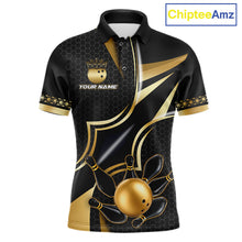 Load image into Gallery viewer, Black and gold bowling ball custom bowling polo shirt for men, personalized bowling team jersey for league tournaments.