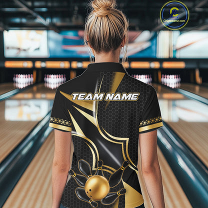 Back view of woman wearing a black and gold bowling ball bowling polo shirt, custom bowling team jersey design.