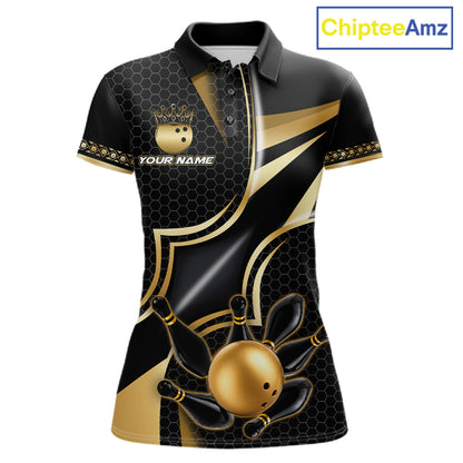 Black and gold bowling ball custom bowling polo shirt for women, personalized bowling team jersey for league tournaments.