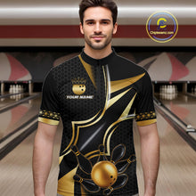 Load image into Gallery viewer, Man wearing a black and gold bowling ball quarter zip bowling shirt front view, personalized bowling team apparel.