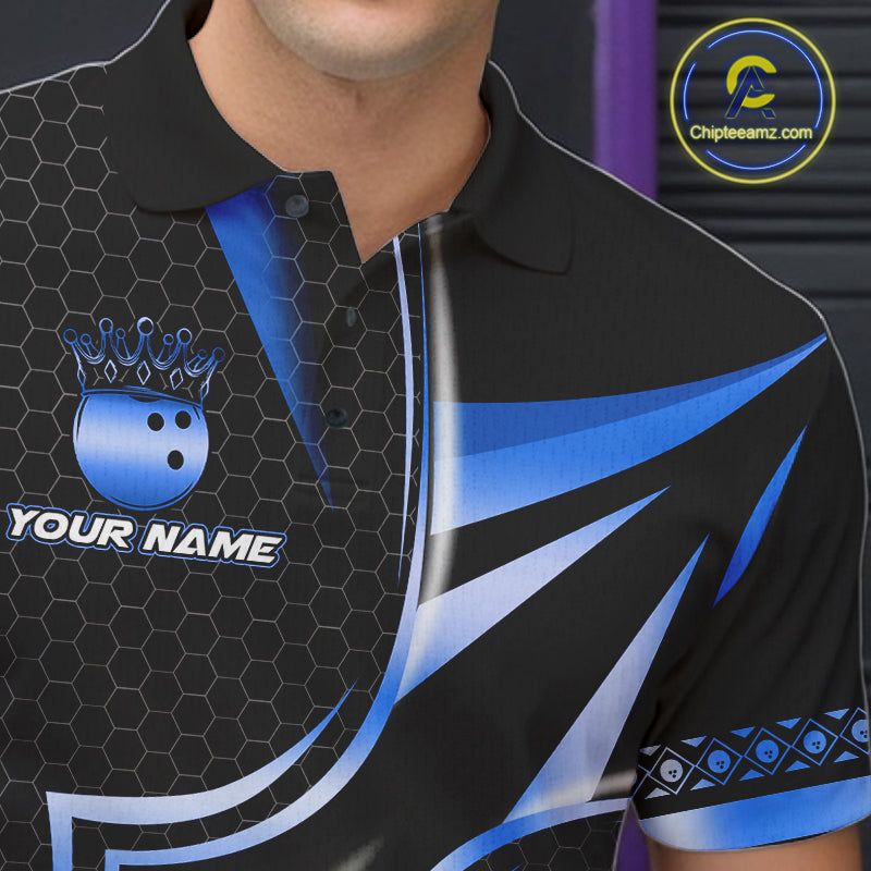 Close up of collar, chest and button details on a black and blue bowling ball men's bowling polo shirt.