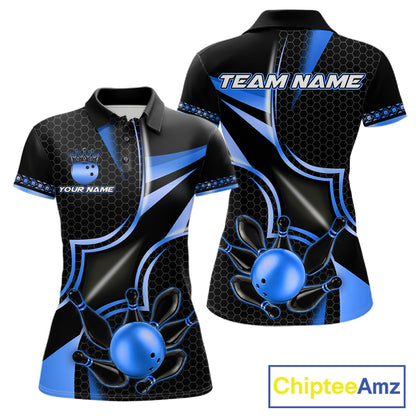 Black and blue bowling ball bowling team polo shirt for women with custom league graphics.