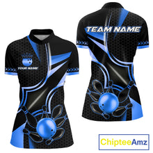 Load image into Gallery viewer, Black and blue bowling ball quarter zip bowling shirt for women, custom bowling team jersey and tournament apparel.