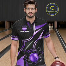 Load image into Gallery viewer, Man wearing a black and purple bowling polo shirt front view, custom bowling league jersey for men.
