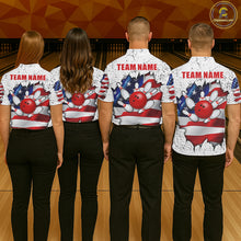 Load image into Gallery viewer, Back view of bowling team wearing matching white grunge American flag bowling league jerseys.