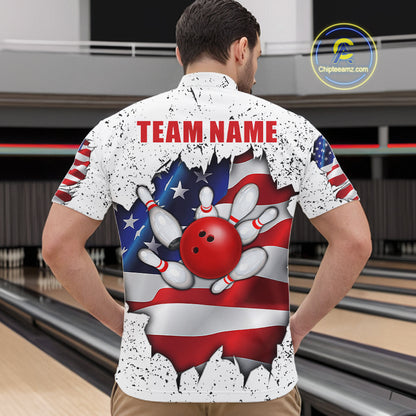 Back view of man wearing a white grunge American flag quarter zip bowling shirt, bowling league team uniform.
