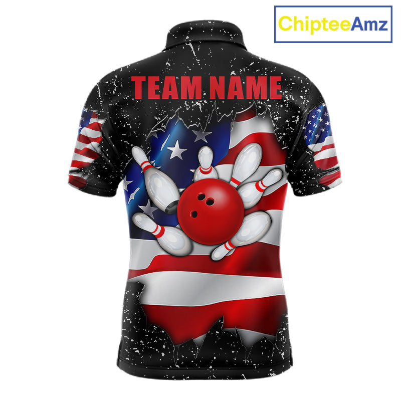 Black grunge American flag bowling team polo shirt for men with distressed USA flag graphics.