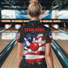 Load image into Gallery viewer, Back view of woman wearing a black grunge American flag bowling polo shirt, custom bowling team jersey design.