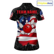 Load image into Gallery viewer, Black grunge American flag bowling team polo shirt for women with distressed USA flag graphics.