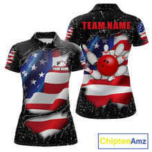 Load image into Gallery viewer, Black grunge American flag custom bowling polo shirt for women, patriotic bowling team jersey for league tournaments.