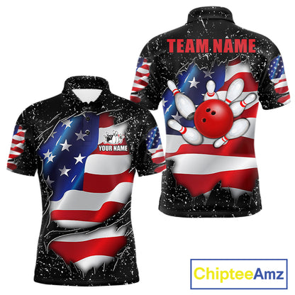 Black grunge American flag custom bowling polo shirt for men, patriotic bowling team jersey for league tournaments.