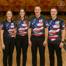 Load image into Gallery viewer, Bowling team wearing matching black grunge American flag custom bowling jerseys front view.