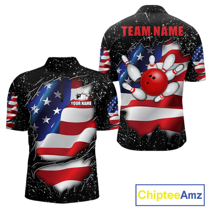 Black grunge American flag quarter zip bowling shirt for men, custom bowling team jersey and tournament apparel.