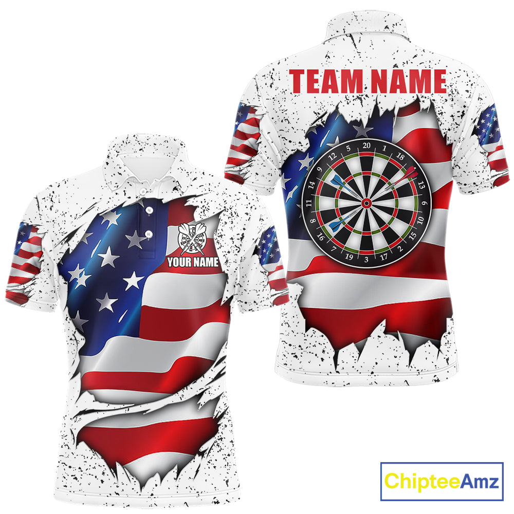 White grunge American flag custom darts polo shirt for men, patriotic darts team jersey for league tournaments.