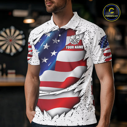 Man wearing a white grunge American flag darts jersey front view, personalized patriotic darts team shirt.