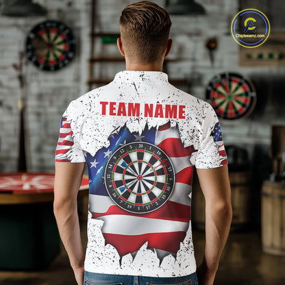 Back view of man wearing a white grunge American flag darts team jersey, custom darts tournament apparel.