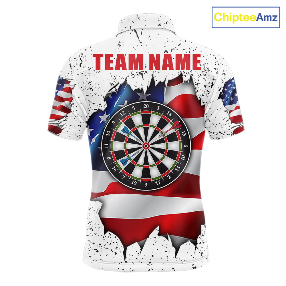 White grunge American flag darts team polo shirt for men with distressed USA flag graphics.