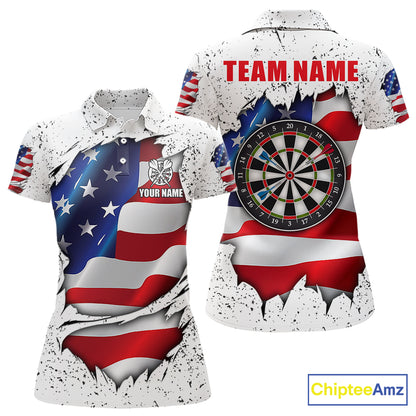 White grunge American flag custom darts polo shirt for women, patriotic darts team jersey for league tournaments.