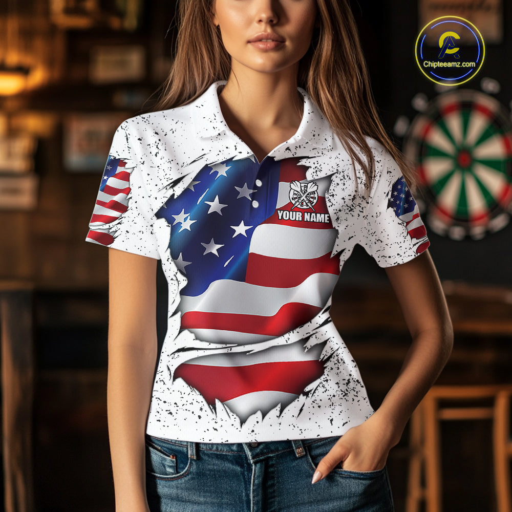 Woman wearing a white grunge American flag darts jersey front view, personalized patriotic darts team shirt.