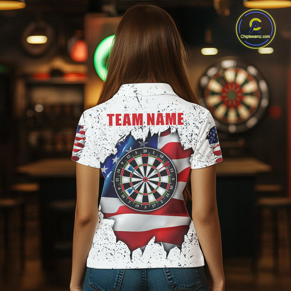 Back view of woman wearing a white grunge American flag darts team jersey, custom darts tournament apparel.