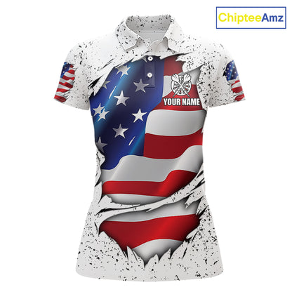 White grunge American flag custom darts polo shirt for women, patriotic darts team jersey for league tournaments.