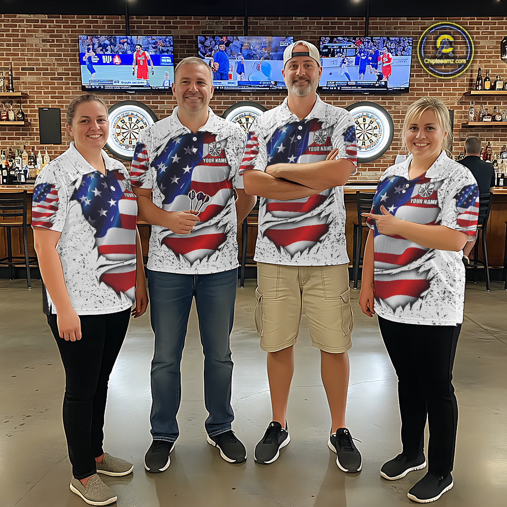 Darts team wearing matching white grunge American flag custom darts jerseys front view.